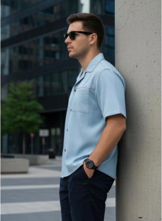 Dayton Italian Style Camp Collar Shirt – Blue Lycra Short Sleeve Summer Shirt - Image 4