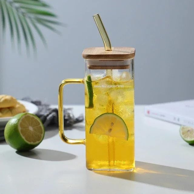 HEINRICHED Heinriched 350ML Wooden Lid Drinking Coffee Glass Sipper Straw Tumbler Mug for Beer Soda and Tea Coffee Can Fruit Juice Milk Water Cup Cocktail Smoothie Gift Glasses Pack of 1 1 Count  - Image 1