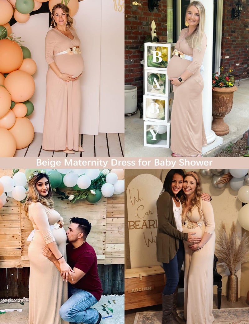 KIM S Winter Maternity Dress Khaki Photoshoot Baby Shower Photoshoot Christmas Maxi Shoot Pregnancy Clothes for Mommy to Be 2025 (Beige L) - Image 2