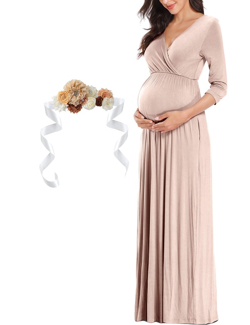 KIM S Winter Maternity Dress Khaki Photoshoot Baby Shower Photoshoot Christmas Maxi Shoot Pregnancy Clothes for Mommy to Be 2025 (Beige L) - Image 3