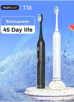 Mornwell Electric Toothbrush for Adults, Battery Toothbrush with Smart Timer, Sonic Toothbrush with 4 Smart Massage, Rechargeable Toothbrushes, Power Toothbrushes with 8 Dupont Brush Heads - Black  - Image 1