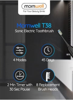 Mornwell Electric Toothbrush for Adults, Battery Toothbrush with Smart Timer, Sonic Toothbrush with 4 Smart Massage, Rechargeable Toothbrushes, Power Toothbrushes with 8 Dupont Brush Heads - Black  - Image 5