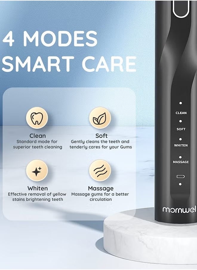 Mornwell - Electric Toothbrush for Adults, Battery Toothbrush with Smart Timer, Sonic Toothbrush with 4 Smart Massage, Rechargeable Toothbrushes, Power Toothbrushes with 8 Dupont Brush Heads - Black - Image 1