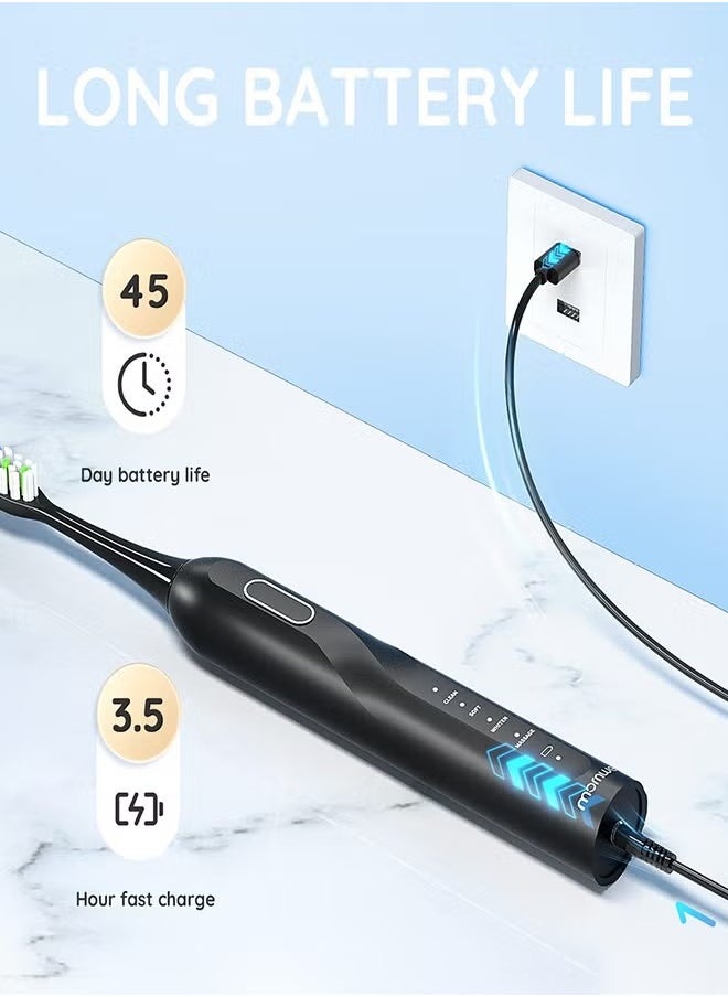 Mornwell - Electric Toothbrush for Adults, Battery Toothbrush with Smart Timer, Sonic Toothbrush with 4 Smart Massage, Rechargeable Toothbrushes, Power Toothbrushes with 8 Dupont Brush Heads - Black - Image 1