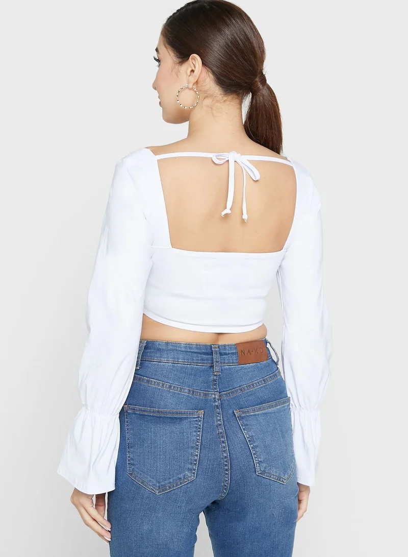 LASULA Ruffle Detail Balloon Sleeves Top
