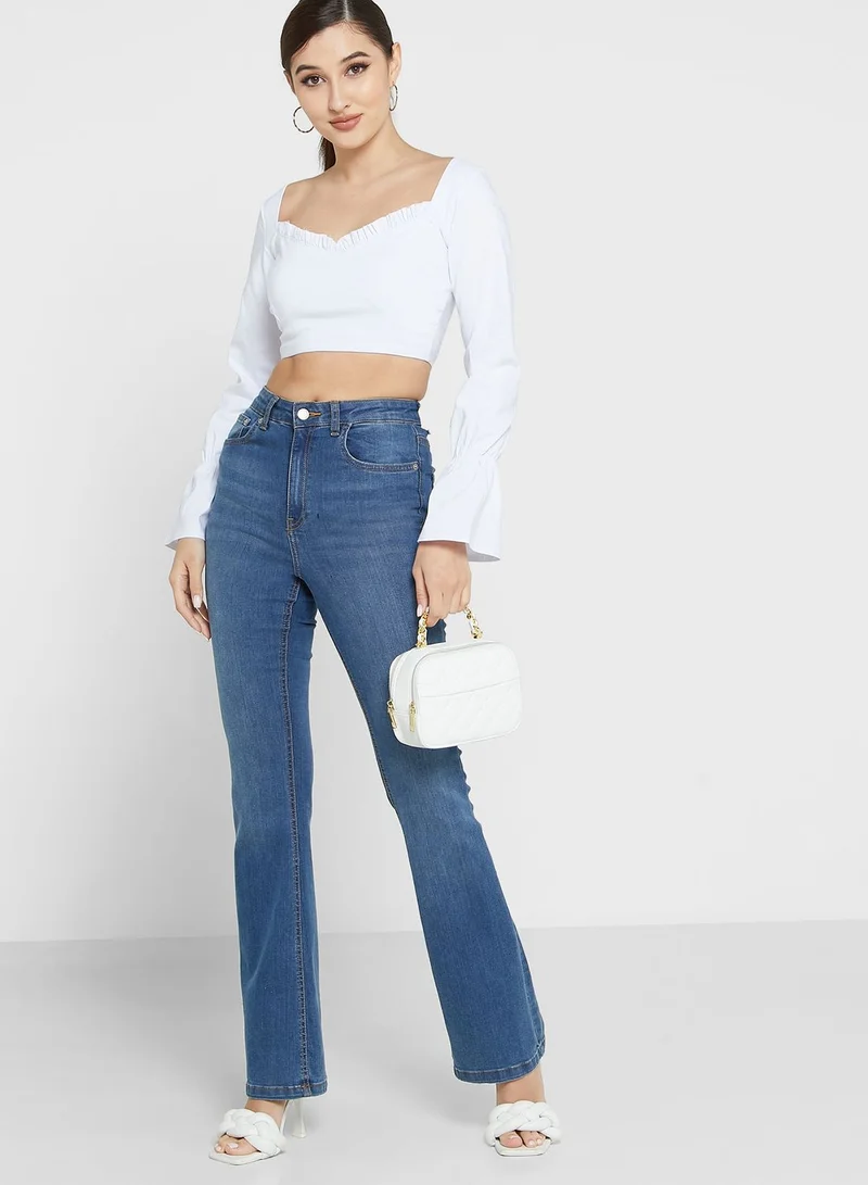 LASULA Ruffle Detail Balloon Sleeves Top