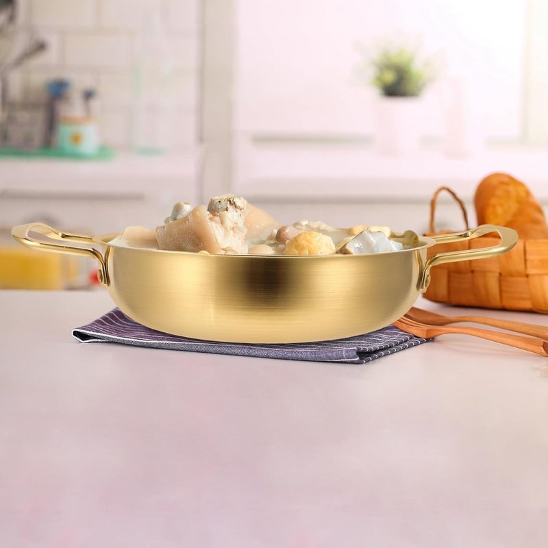 Alark Gold Paella Food Serving Korean Ramen Pans Skillet Pan Stainless Steel and Cooking Pots Stir Fry Pan Omelet Pans Small Induction Pot for Soup, Noodle, Pasta, Home and Outdoor, Dishwasher Safe - Image 3