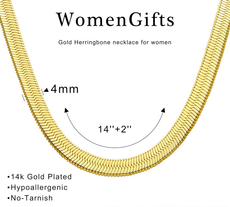 WomenGifts Dainty Gold Herringbone Choker Necklace for Women â€“ 14K Gold Plated Dainty Snake Chain Choker, Trendy Simple Long Layered Jewelry Non Tarnish, 14, 16, 18 Inch Thin & Chunky Options, Gift for Her - Image 4
