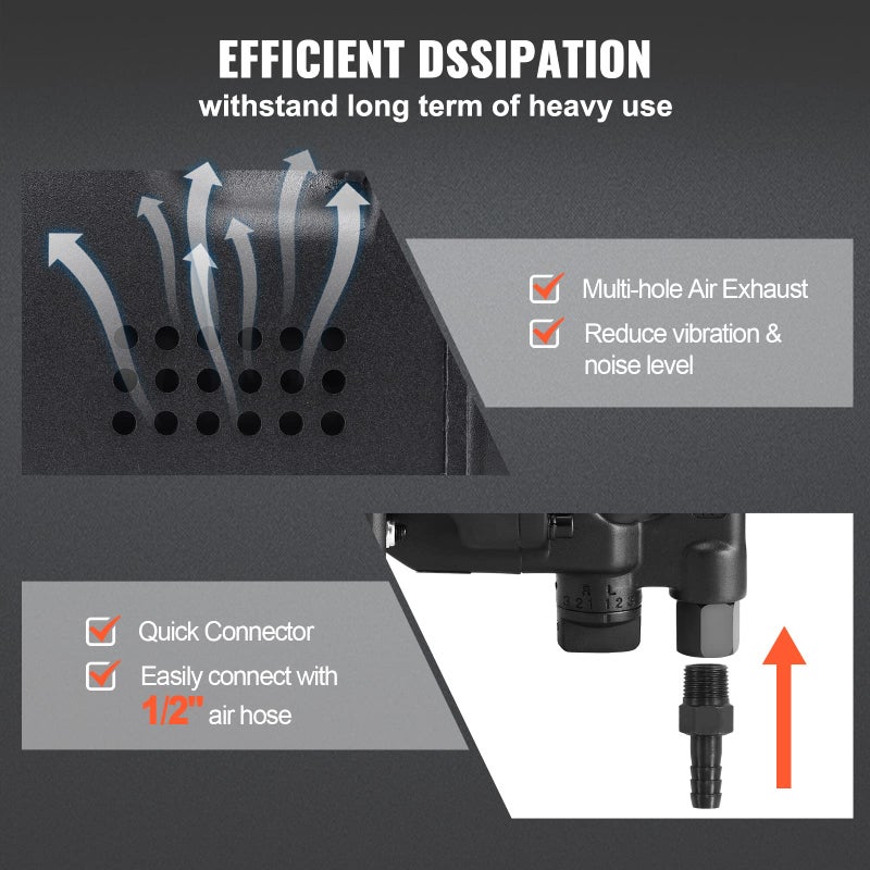 VEVOR 1 Inch Air Impact Wrench, Up to 2730 ft-lbs Reverse Torque Output 1" Pneumatic Impact Gun Lightweight w/ 2 Handles for Heavy Duty Repairs and Maintenance - Image 5