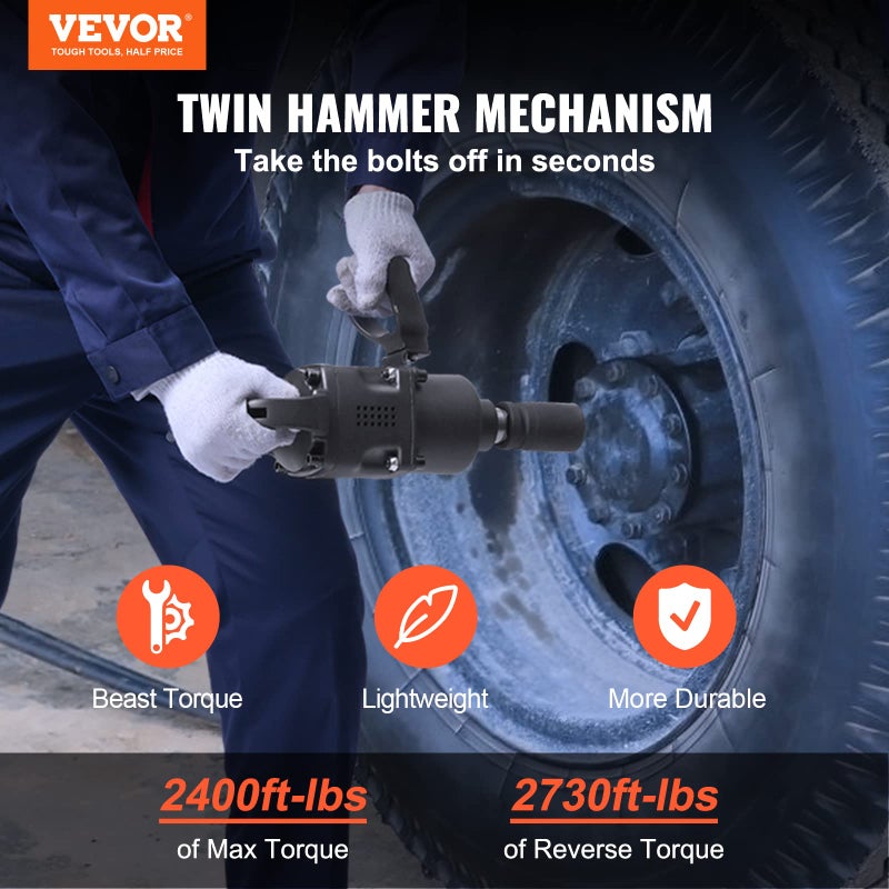 VEVOR 1 Inch Air Impact Wrench, Up to 2730 ft-lbs Reverse Torque Output 1" Pneumatic Impact Gun Lightweight w/ 2 Handles for Heavy Duty Repairs and Maintenance - Image 2