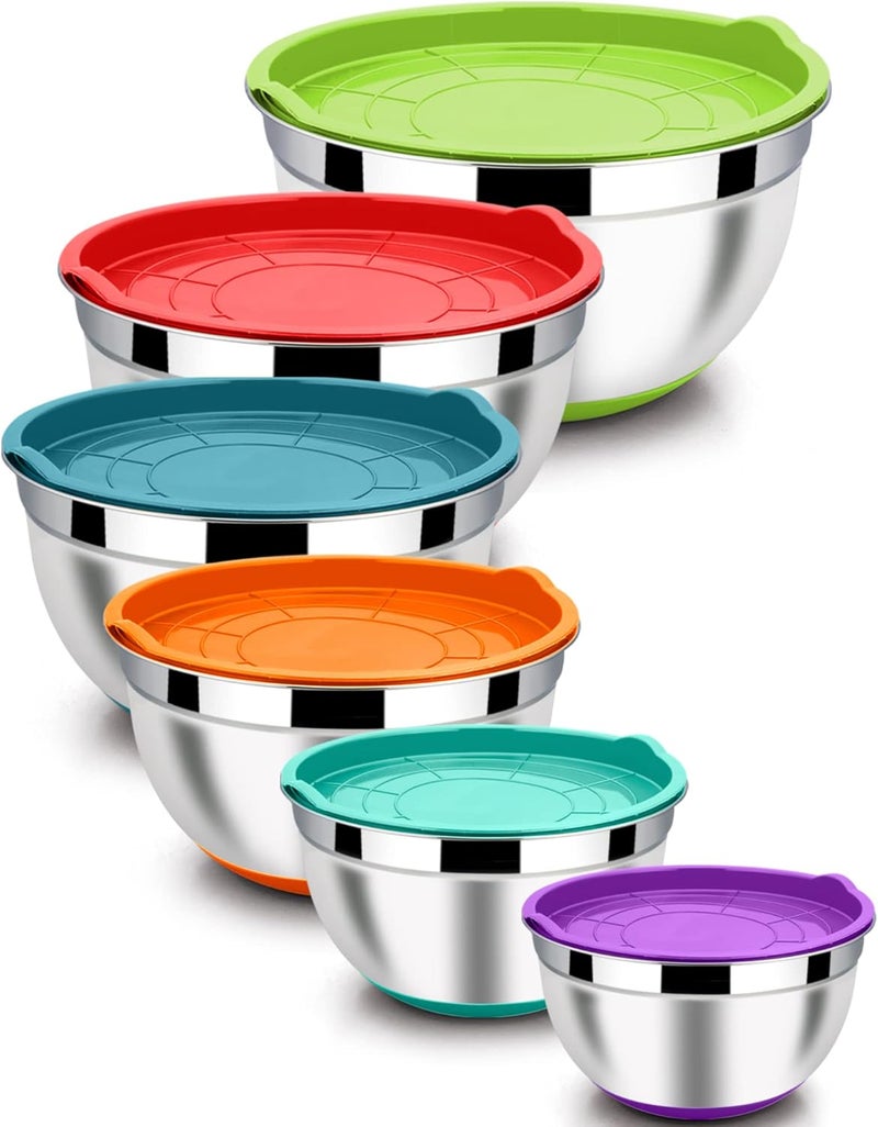 LIANYU Mixing Bowls with Airtight Lids Set of 6, Stainless Steel Nesting Mixing Bowl with Non-slip Bottom, Size 7, 3.5, 2.5,2, 1.5, 1QT, Large Metal Bowls for Cooking, Baking, Food Storage, Colorful - Image 1