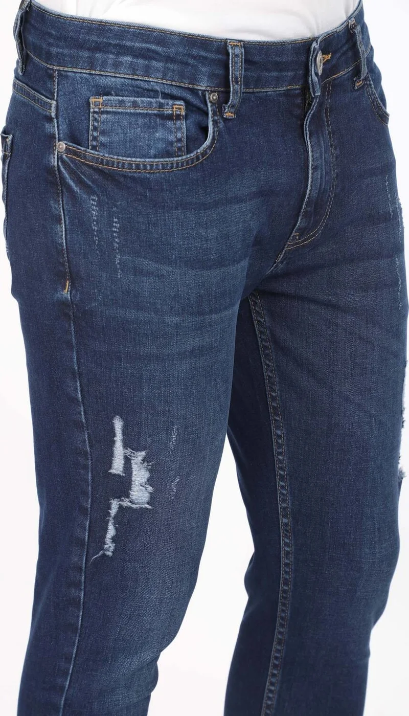 باني جينز Mens Navy Blue Ankle Length Ripped Skinny Fit Jeans