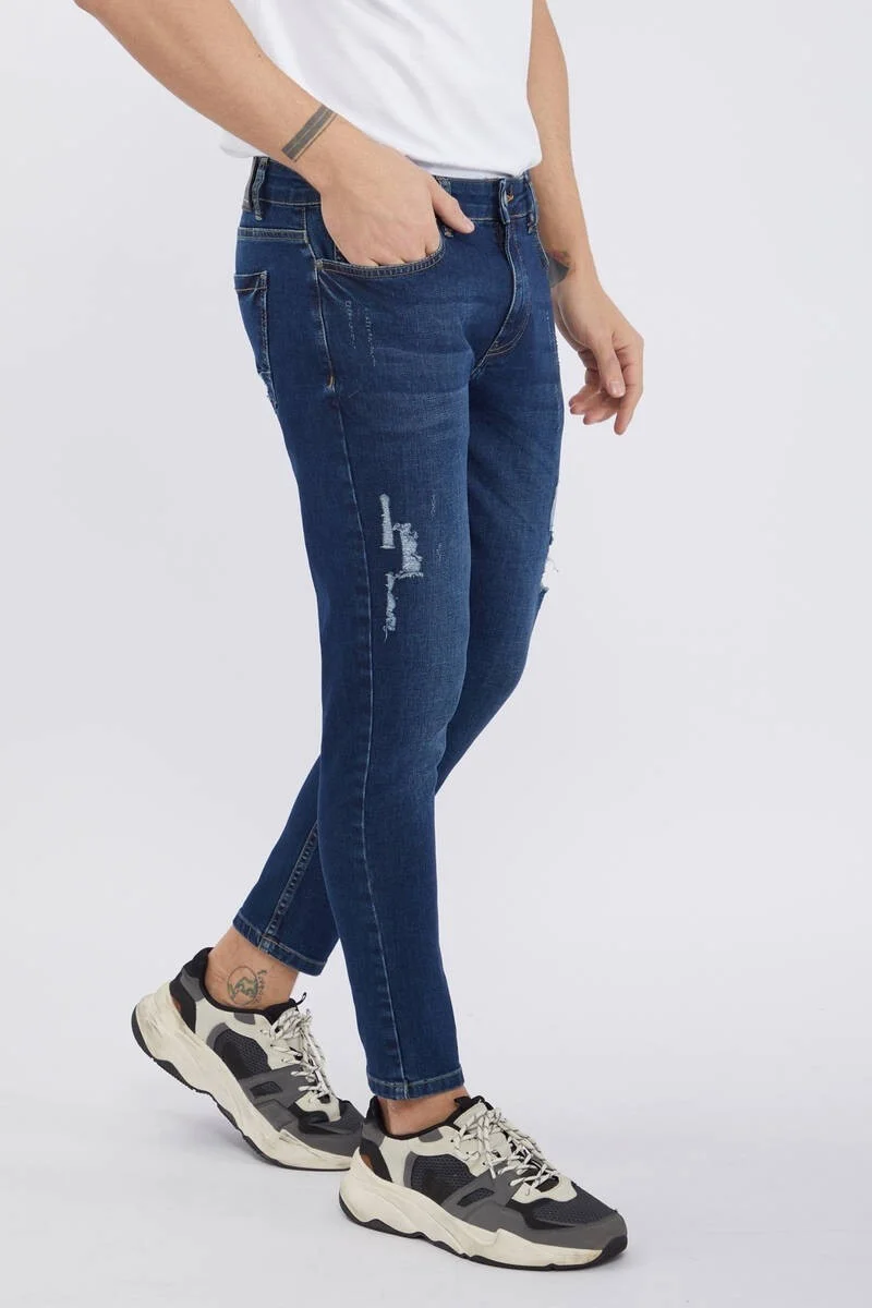 باني جينز Mens Navy Blue Ankle Length Ripped Skinny Fit Jeans