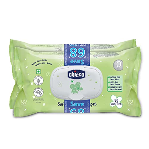 Chicco Baby Moments Soft Cleansing Baby Wipes, Ideal for Nappy, Face and Hand, Dermatologically Tested, Paraben Free, Fliptop Pack (Pack of 2, 72 Sheets per Pack), white - Image 1