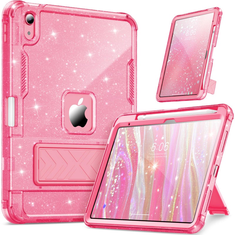 INFILAND Case for iPad A16 11 inch 11th Generation,iPad 10th Generation Case 10.9 Inch Glitter Semi-Transparent, Protective Cute Cover with Stand, Pencil Holder for Girls, Kids, Women (Pink) - Image 1