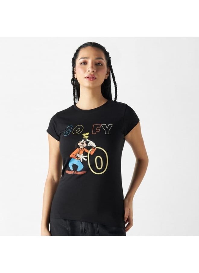 SP Characters Goofy Print T-shirt with Crew Neck and Cap Sleeves  - Image 2