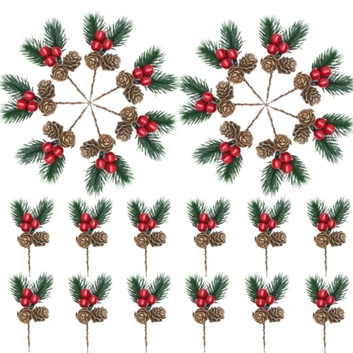 YGbridge Christmas Floral Picks, 30Pcs Pine Cone Holly Berry Stems for Crafts, Artificial Christmas Picks and Sprays, Red Berry Branches Greenery for Christmas Home Decor, Garland, Wreath (30) - Image 1