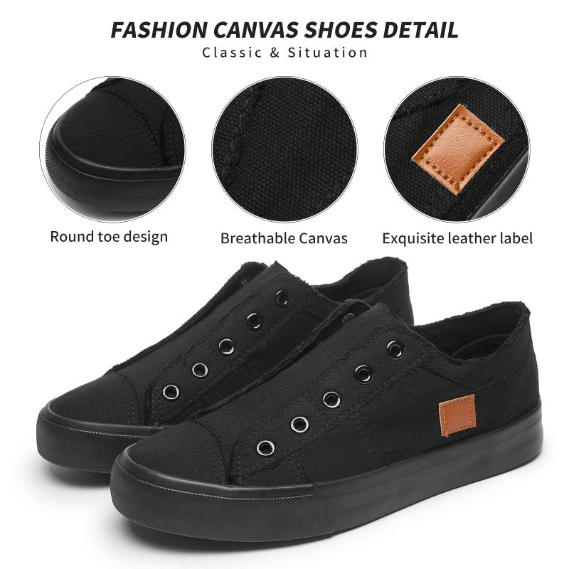 XRH Women's Slip on Shoes Non Slip Fashion Canvas Sneakers Low Top Casual Shoes(Black Mono,US7) - Image 3