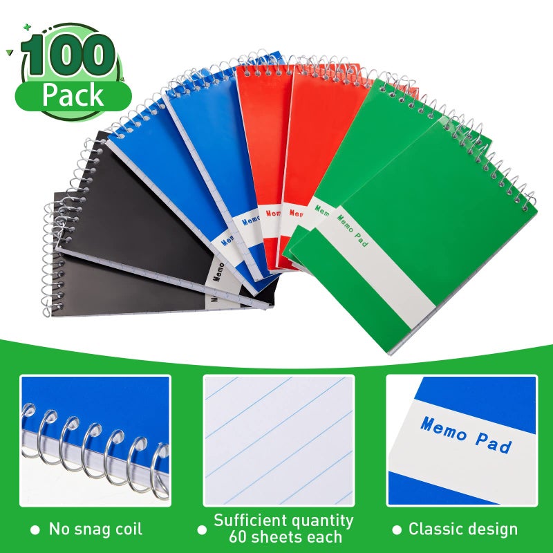 Thenshop 100 Pads Spiral Memo Pads Bulk 3 x 5 Inch Small Pocket Notepad Top Bound Lined 60 Sheets Mini Notebooks for School College Office Home Supplies (Black,Green,Dark Blue,Red) - Image 4