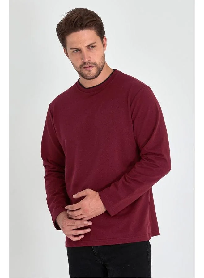 mmetalic Men's Burgundy Double Crew Neck Standard Relaxed Fit Sweatshirt
