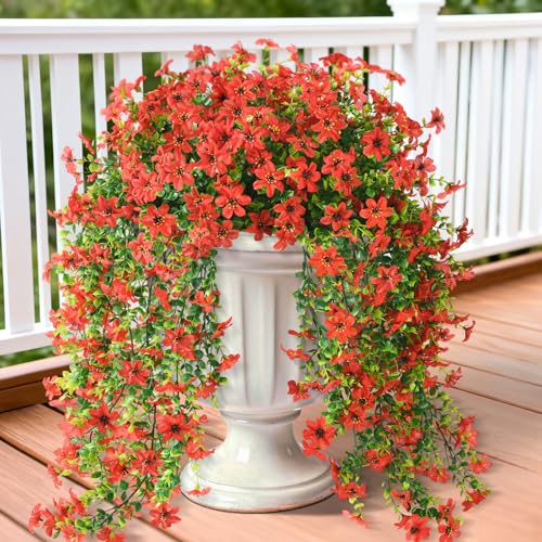 ZFProcess Artificial Hanging Flowers for Outdoors, 2 Pcs Fake Hanging Plant Spring Summer Decor, UV Resistant No Fade Realistic Faux Flower for Front Door Porch Planter Patio Garden Yard (Red) - Image 1