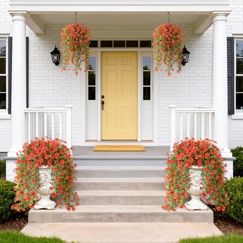 ZFProcess Artificial Hanging Flowers for Outdoors, 2 Pcs Fake Hanging Plant Spring Summer Decor, UV Resistant No Fade Realistic Faux Flower for Front Door Porch Planter Patio Garden Yard (Red) - Image 3