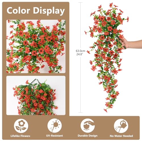 ZFProcess Artificial Hanging Flowers for Outdoors, 2 Pcs Fake Hanging Plant Spring Summer Decor, UV Resistant No Fade Realistic Faux Flower for Front Door Porch Planter Patio Garden Yard (Red) - Image 5