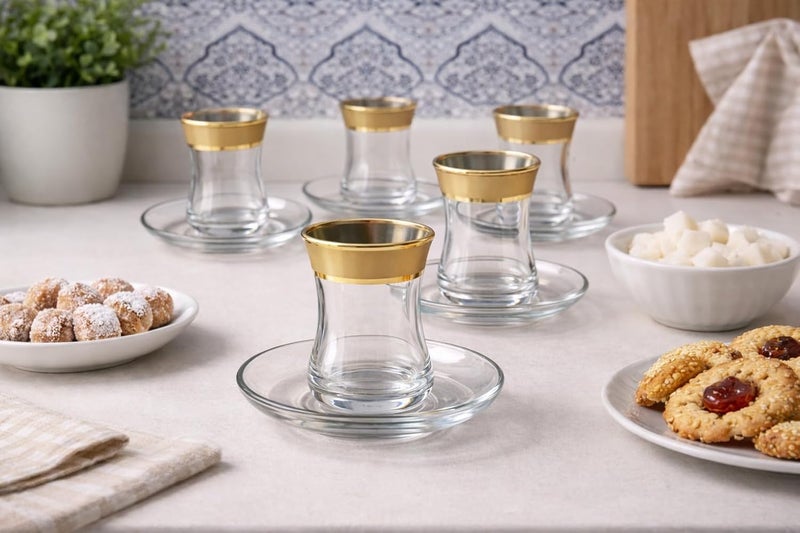 BYART Premium Turkish Tea Set 6 Pieces with Saucers - Golden Touch Elevates Taste Turkish Made (Clear/Gold) - Image 3