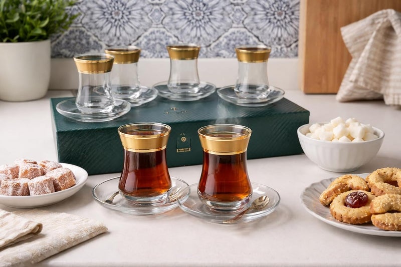 BYART Premium Turkish Tea Set 6 Pieces with Saucers - Golden Touch Elevates Taste Turkish Made (Clear/Gold) - Image 1