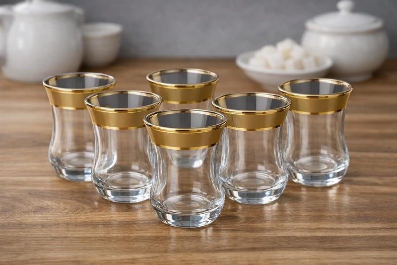 BYART Premium Turkish Tea Set 6 Pieces with Saucers - Golden Touch Elevates Taste Turkish Made (Clear/Gold) - Image 2