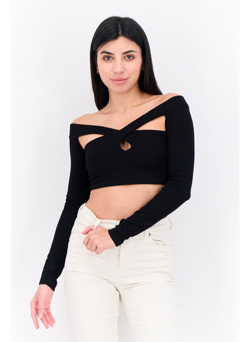 Bershka Women Crisscross Neck Long Sleeve Ribbed Crop Top, Black  - Image 1