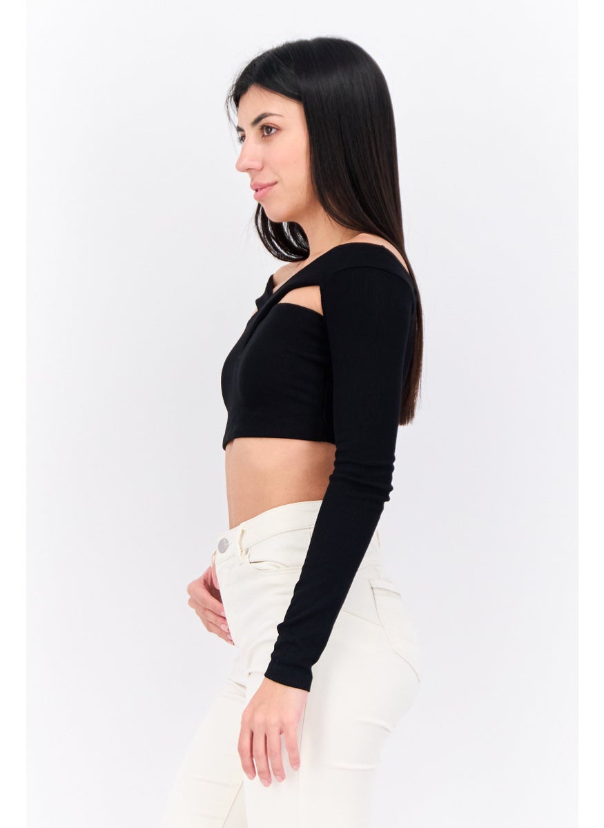 Bershka Women Crisscross Neck Long Sleeve Ribbed Crop Top, Black  - Image 2