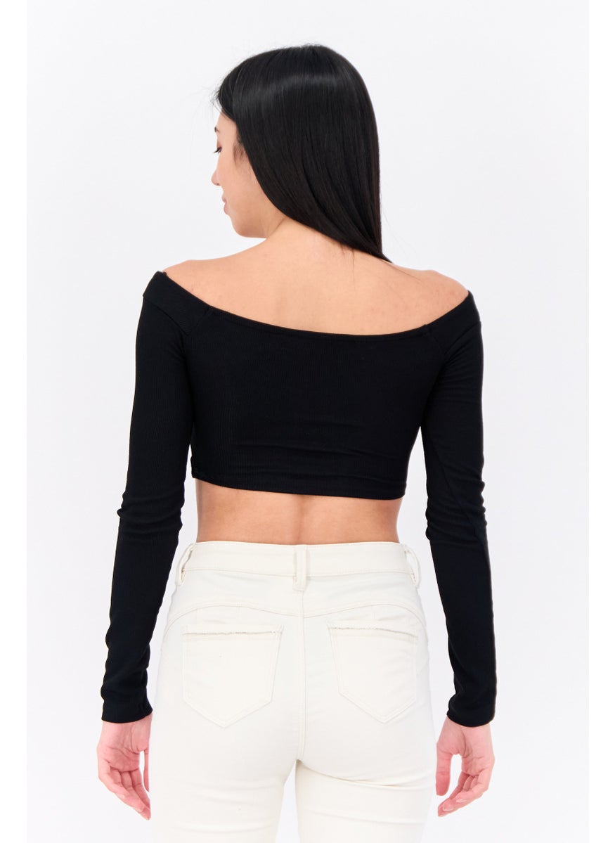 Bershka Women Crisscross Neck Long Sleeve Ribbed Crop Top, Black  - Image 3