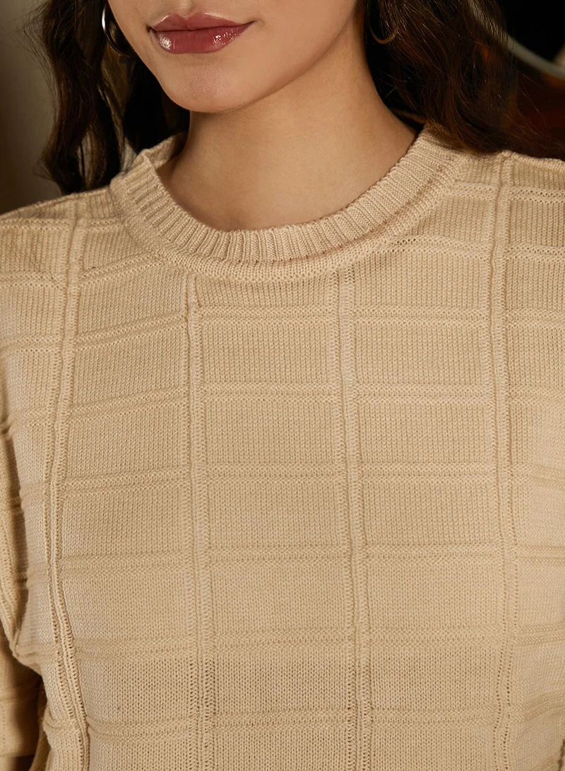 Campus Sutra Women's Saltbox Beige Geometric-Textured Pullover Sweater
