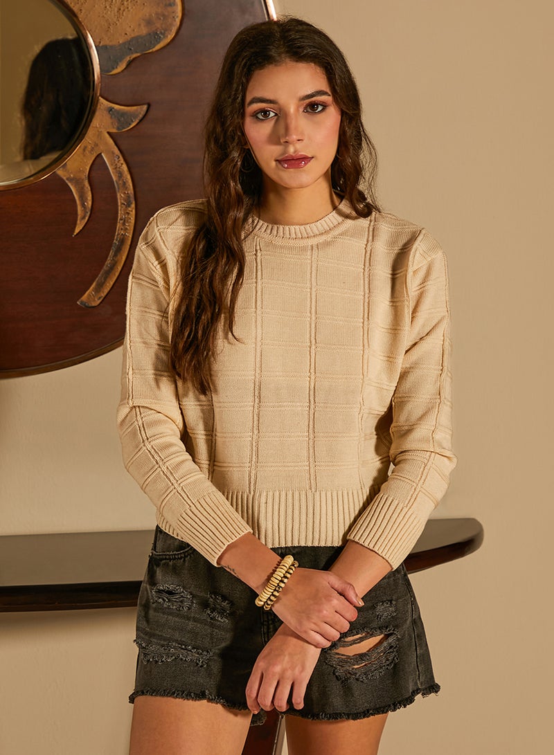 Campus Sutra Women's Saltbox Beige Geometric-Textured Pullover Sweater  - Image 2
