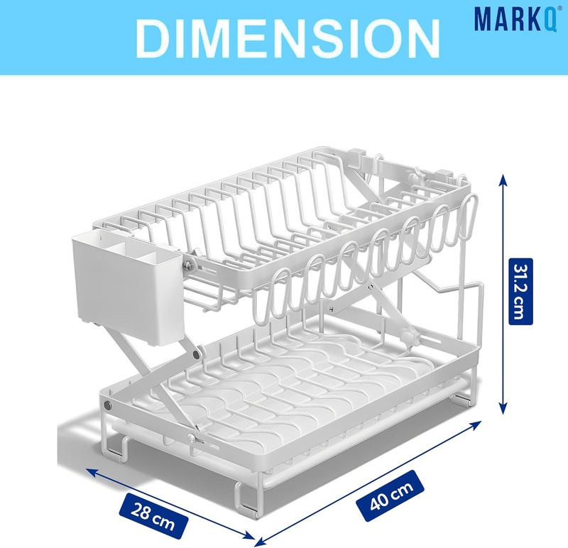 MARKQ 2-Tier Foldable Dish Drying Rack – Space-Saving Kitchen Dish Drainer with Utensil & Cup Holders | Folding Multifunctional Dish Rack for Plates, Bowls, Glasses & Cutlery – Assorted Black/White - Image 3