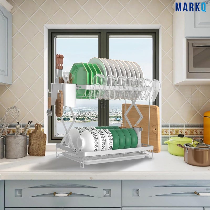 MARKQ 2-Tier Foldable Dish Drying Rack – Space-Saving Kitchen Dish Drainer with Utensil & Cup Holders | Folding Multifunctional Dish Rack for Plates, Bowls, Glasses & Cutlery – Assorted Black/White - Image 5