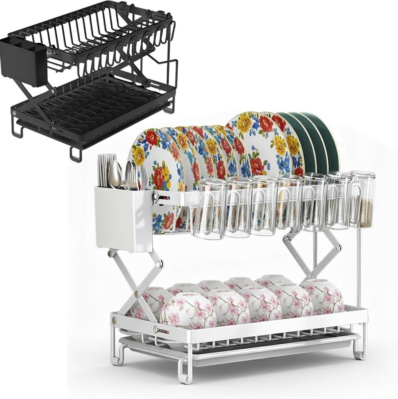 MARKQ 2-Tier Foldable Dish Drying Rack – Space-Saving Kitchen Dish Drainer with Utensil & Cup Holders | Folding Multifunctional Dish Rack for Plates, Bowls, Glasses & Cutlery – Assorted Black/White - Image 1