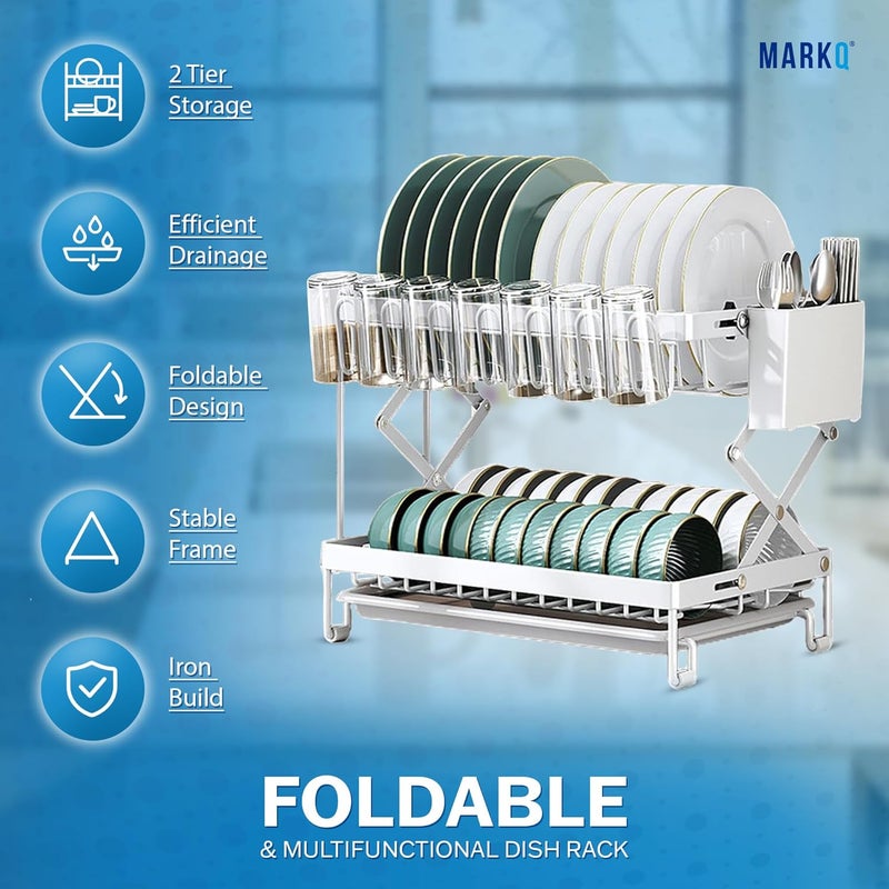 MARKQ 2-Tier Foldable Dish Drying Rack – Space-Saving Kitchen Dish Drainer with Utensil & Cup Holders | Folding Multifunctional Dish Rack for Plates, Bowls, Glasses & Cutlery – Assorted Black/White - Image 2