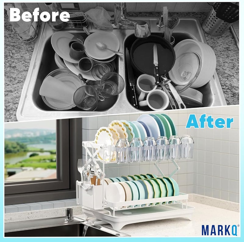 MARKQ 2-Tier Foldable Dish Drying Rack – Space-Saving Kitchen Dish Drainer with Utensil & Cup Holders | Folding Multifunctional Dish Rack for Plates, Bowls, Glasses & Cutlery – Assorted Black/White - Image 4