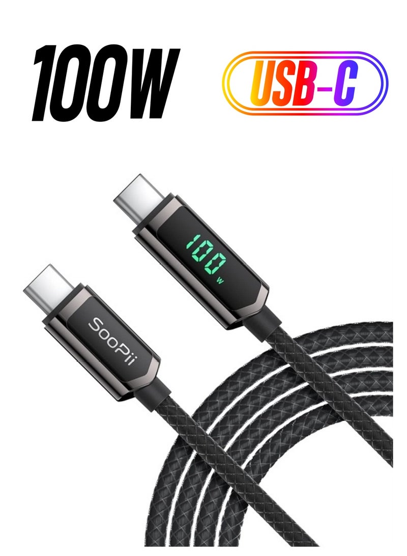 Soopii كابل USB C إلى USB C، 10 قدم 100 واط PD شحن سريع كابل USB C، كابل نوع C مضفر من النايلون مع شاشة LED لجهاز iPad Mini/Air/Pro، MacBook Pro، Samsung Galaxy S22/S10، Pixel، LG - Image 1