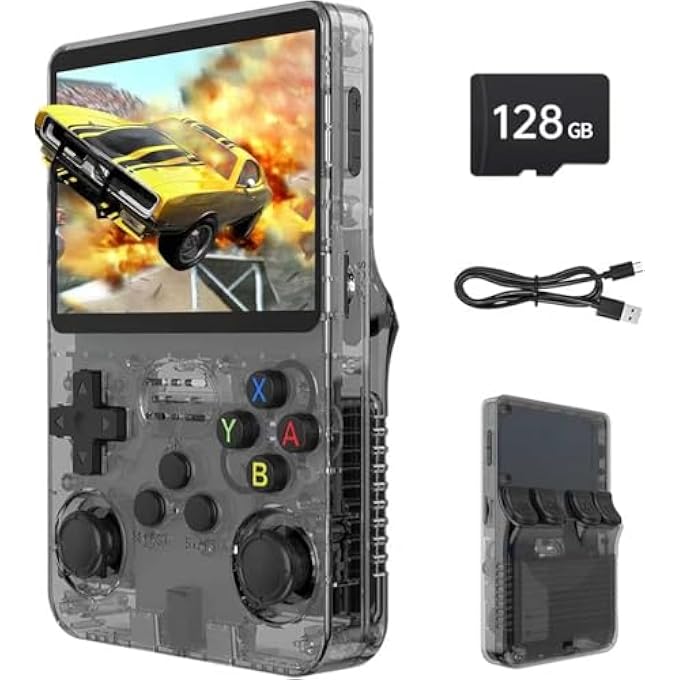 R36S RETRO GAME CONSOLE, 3.5 INCH IPS SCREEN, 128 GB MEMORY, 40,000 PRE-INSTALLED GAMES, PORTABLE HANDHELD CONSOLE FOR CHILDREN AND ADULTS, MULTI-EMULATOR SUPPORT, BLACK - Image 1
