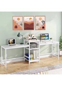 AGD 3-Way Adjustable Home Office Gaming Table, White L-Shaped Corner Computer Desk with Printer and Book Shelf, Tall Workstation for 2 People, 3-Piece Set  - Image 1