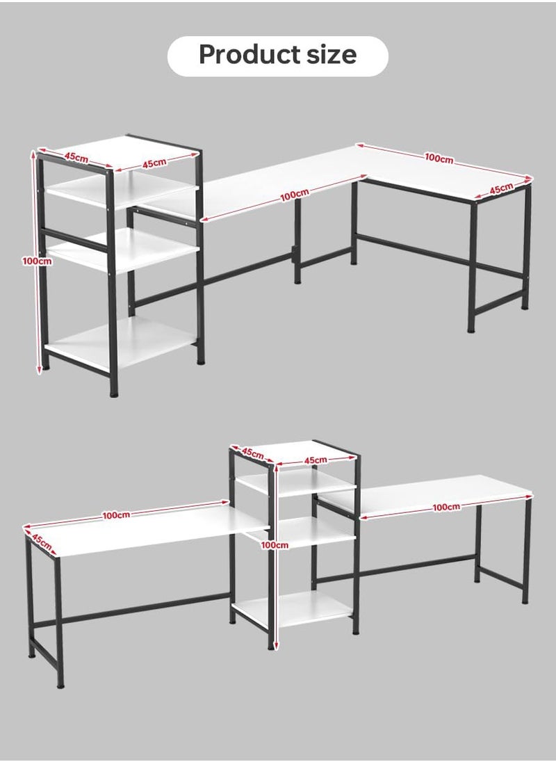 AGD - 3-Way Adjustable Home Office Gaming Table, White L-Shaped Corner Computer Desk with Printer and Book Shelf, Tall Workstation for 2 People, 3-Piece Set - Image 1