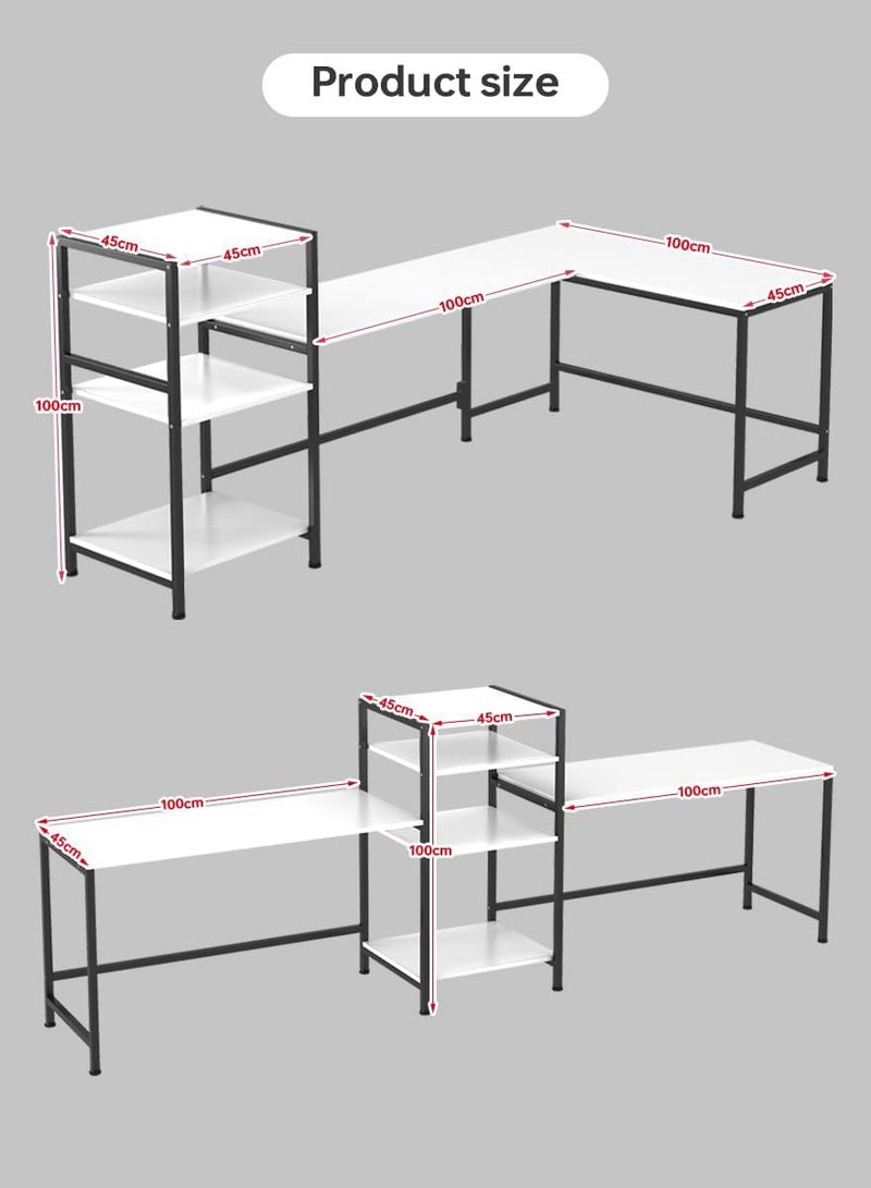 AGD 3-Way Adjustable Home Office Gaming Table, White L-Shaped Corner Computer Desk with Printer and Book Shelf, Tall Workstation for 2 People, 3-Piece Set - Image 4