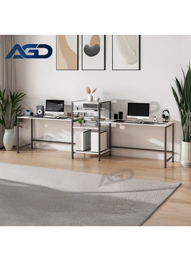 AGD 3-Way Adjustable Home Office Gaming Table, White L-Shaped Corner Computer Desk with Printer and Book Shelf, Tall Workstation for 2 People, 3-Piece Set - Image 5