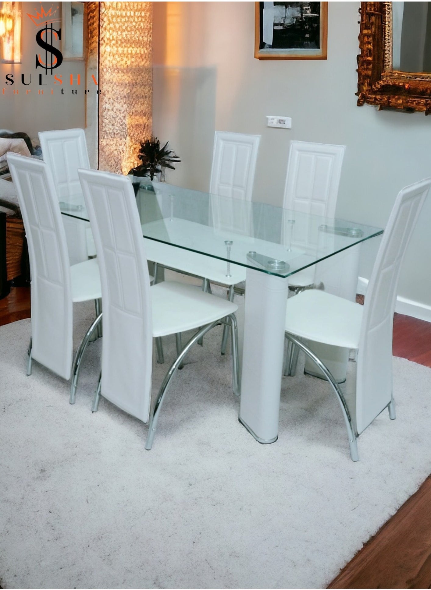 1+6 Pieces Dining Table & Chairs Set Modern Turkey Design for Dining Room 1 Table & Comfortable 6 Chairs with Steel Legs 