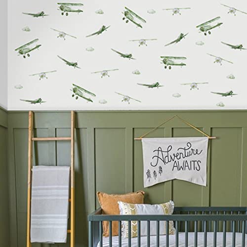 astrkiz Boy Vintage Planes Wall Decals Peel and Stick, Watercolor Green Airplane and Clouds Wall Sticker for Baby Boys Room Kids Room Playroom Gender Neutral Room Nursery Wall Art Stickers Decor - Image 1
