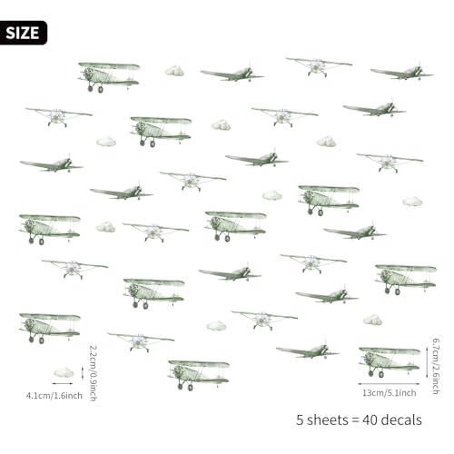 astrkiz Boy Vintage Planes Wall Decals Peel and Stick, Watercolor Green Airplane and Clouds Wall Sticker for Baby Boys Room Kids Room Playroom Gender Neutral Room Nursery Wall Art Stickers Decor - Image 2