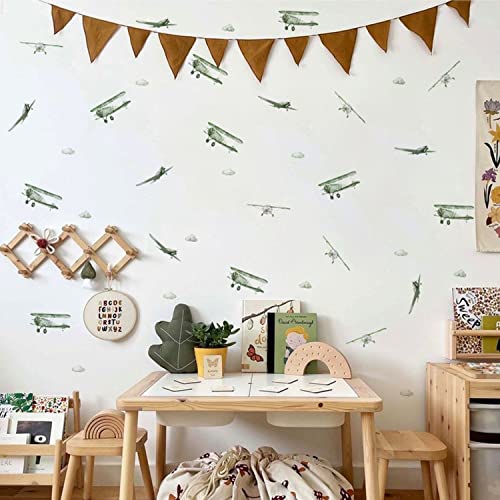 astrkiz Boy Vintage Planes Wall Decals Peel and Stick, Watercolor Green Airplane and Clouds Wall Sticker for Baby Boys Room Kids Room Playroom Gender Neutral Room Nursery Wall Art Stickers Decor - Image 4
